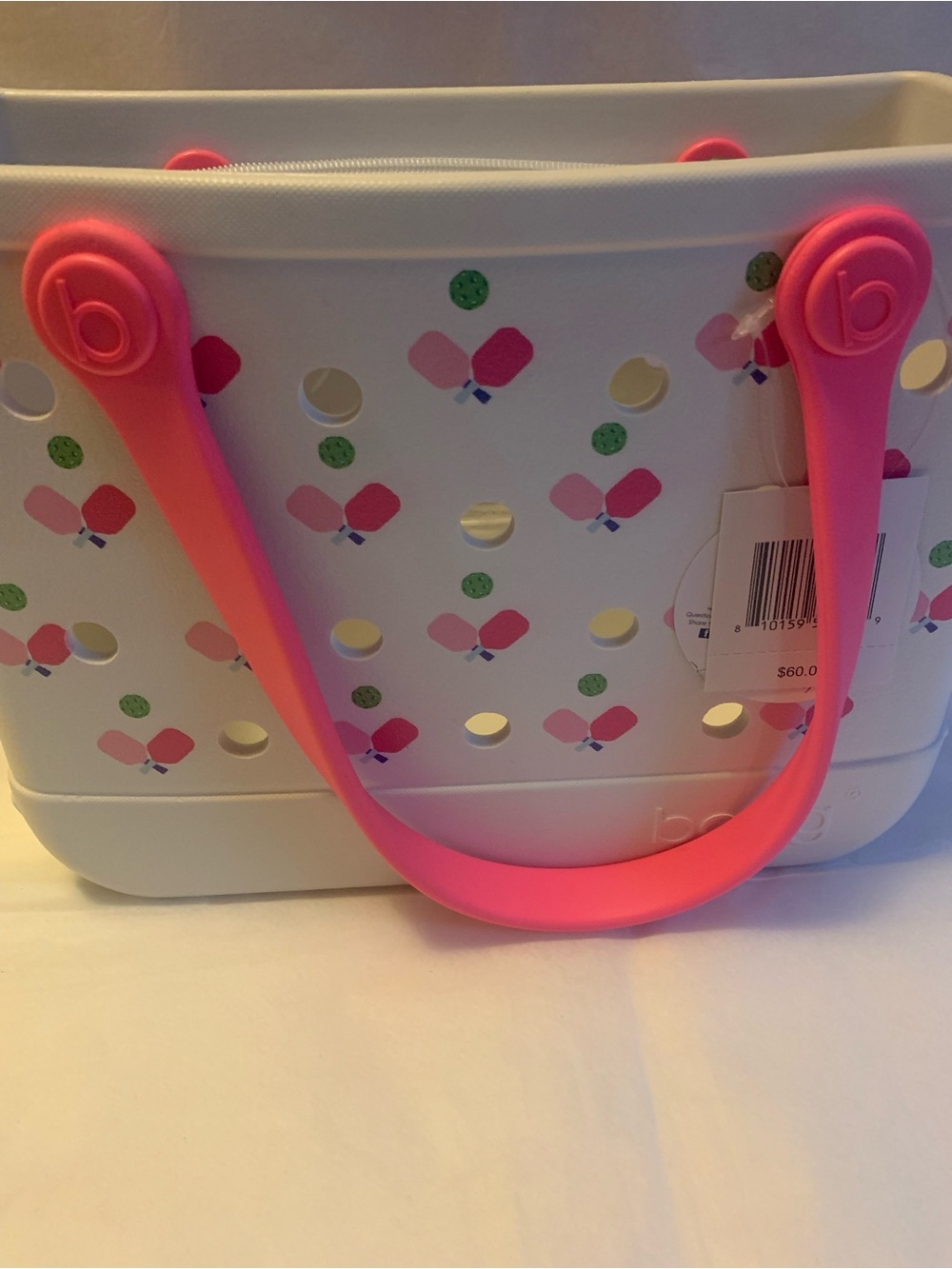 NWT BITTY BOGG BAG White Tote with Pink Handles and Pickleball Accent Motif